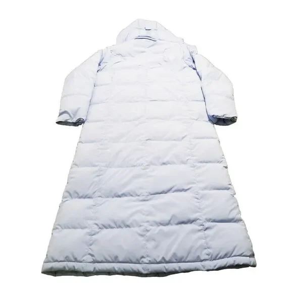 LL Bean Puffer Coat Women's Medium Light Blue Goose Down Hooded Faux Fur Long